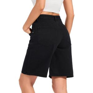 Baggy Jorts for Women Mid-Low Waisted Jean Short Casual Loose Fit Wide Leg Knee Length Denim Bermuda Shorts Y2k (Black, XL)