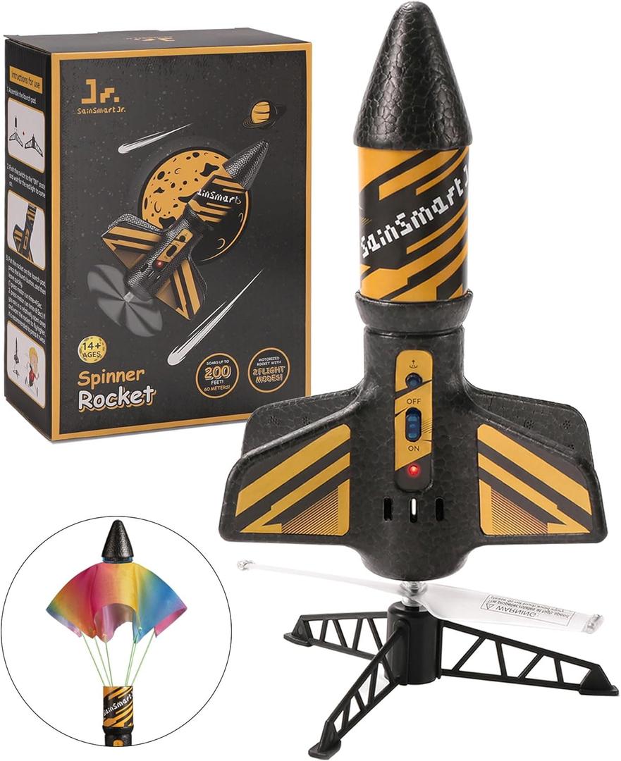 SainSmart Jr. Rocket Launcher for Kids, 200 Feet of Flight Altitude, Motorized Air Rocket with Parachute, Self-Launching Outdoor Toy with Safely Land, Black