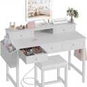 White Makeup Vanity Desk with Mirror and Lights, 40 inch Girls Vanity Set with Chair, Make Up Dresser Table with Drawers and Power Outlet for Bedroom Small Space