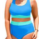 Aqua Eve Plus Size Two Piece High Waisted Bikini Swimsuits Scoop Neck Bikini Set Sporty Bathing Suits, 14W,  Blue Green