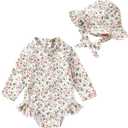 Infant Baby Girl Swimsuit One-Piece Long Sleeve Rash Guard with Hat Set Floral Zipper Bathing Suit Leopard Beach Wear, Size 2T-3T