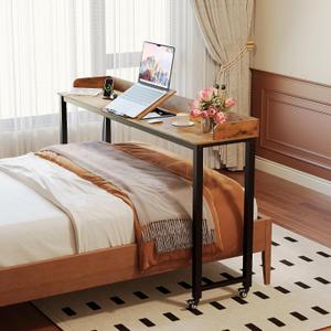 GiftGo Overbed Table with Wheels Portable Rolling Queen Size Mobile Bed Desk with Adjustable Tilt Stand Standing Laptop Cart with Outlets & USB Ports (Rustic Brown, 71 inches)