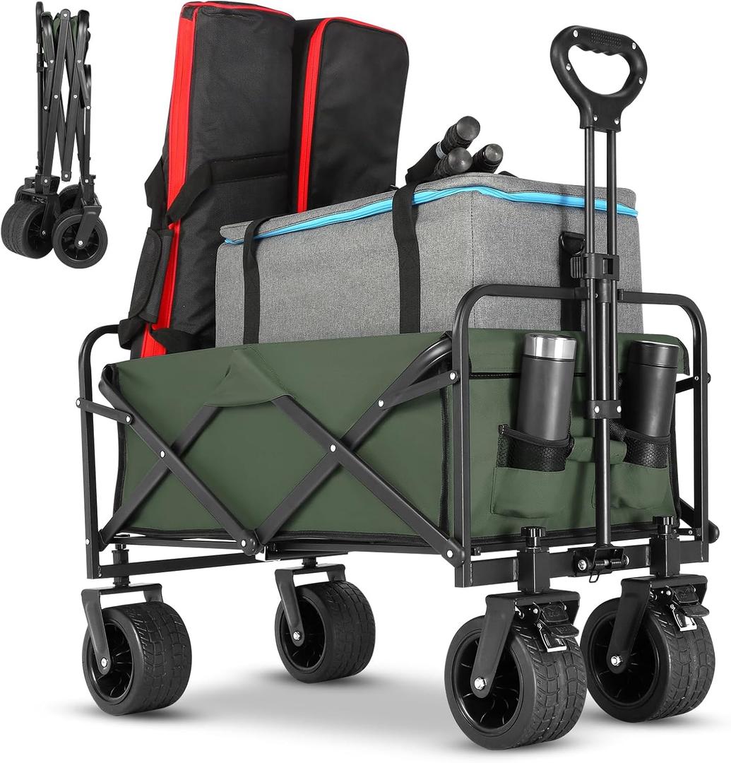 Collapsible Foldable Beach Wagon,Folding Wagon Cart with Big Wheels,Utility Grocery All Terrain Wagons carts Foldable with Brakes for Sand Camping Sports Outdoor(Bottle Green).
