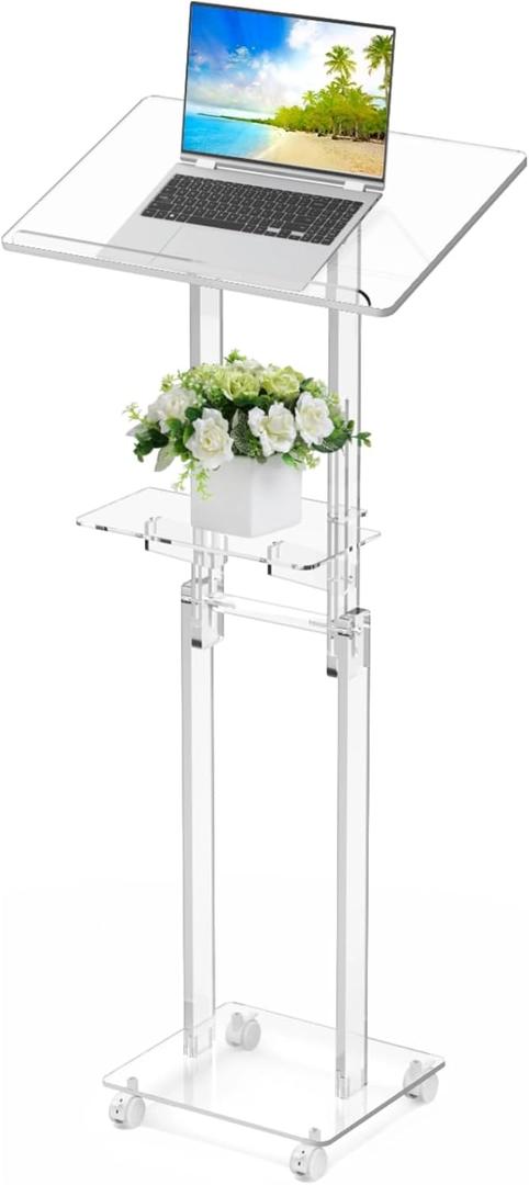 Acrylic Podium Stand Portable, Rolling Podium with Wheels, Clear Podium with Storage Shelf, Lockable Wheels, Adjustable Height pulpits for Churches, Classroom, Weddings, Speech