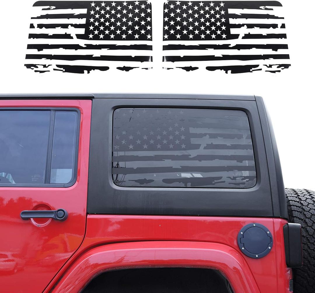 JeCar Hardtop Window USA Distressed Flag Decals Vinyl American Flag Stickers for Jeep Wrangler 2011-2018 JKU 4 Door, 1 Pair