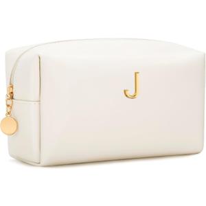 Gifts for Women Bridesmaid Gifts Personalized Initial Makeup Bag PU Leather Cosmetic Waterproof Travel Toiletry Bag (Beige J)