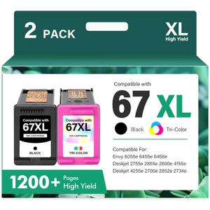 67XL 67 XL 6055e 2755e 2800e 2855e 6000 Ink Cartridges Black/Color Combo Pack Compatible for HP Printer DeskJet 6055e 2700 4155e 4255e 4100 2700e 2734e 2800 2852e Envy 6055e 6455e 6400 Series (2-Pack)