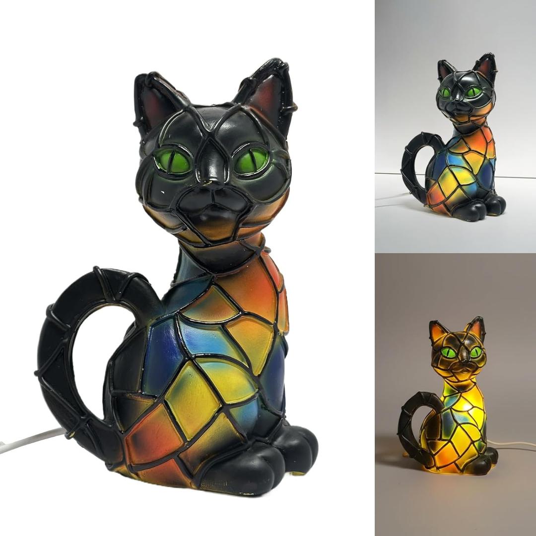 Cat Lamp Stained GlassVintage Artistic LED Warm Night Light, Handcrafted Resin Stained-Glass Animal Bedside Table Lamp with USB Power for Home Decor & Cute Holiday Present for Cat Lovers