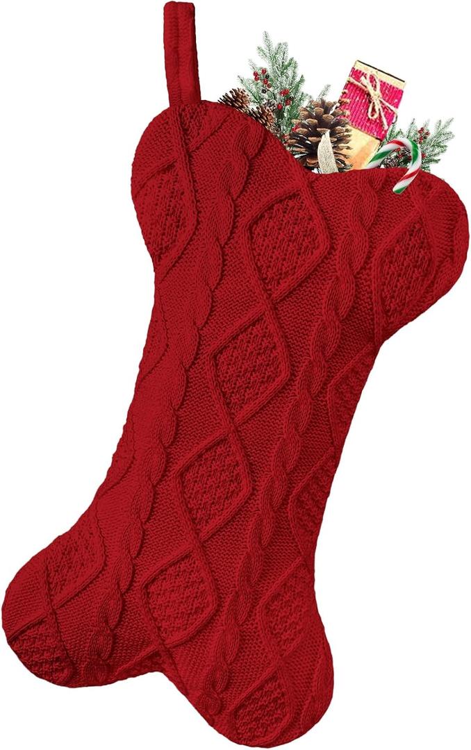 Malier Dog Christmas Stocking, Knit White Christmas Stocking for Dogs, Bone Shape Dog Stocking Christmas Large Pet Stockings Hanging Dog Christmas Stocking for Dogs Cats Pets (Red)