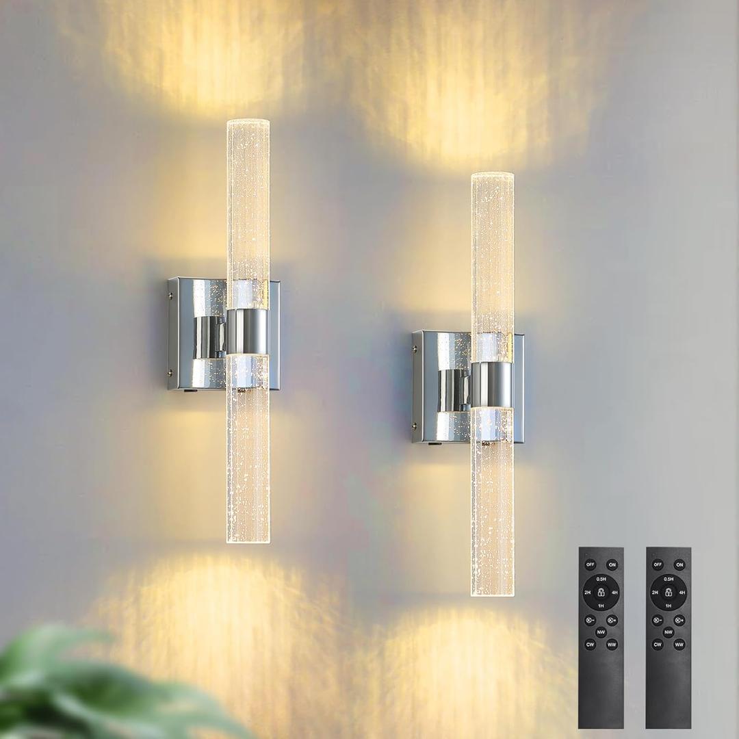 17 Inch Chrome Battery Operated Wall Sconces Set of Two Rechargeable Battery Powered Wall Light with Remote Control LED Dimmable Lamp Fixtures for Living Room Bedroom Hallway (2 Pack)