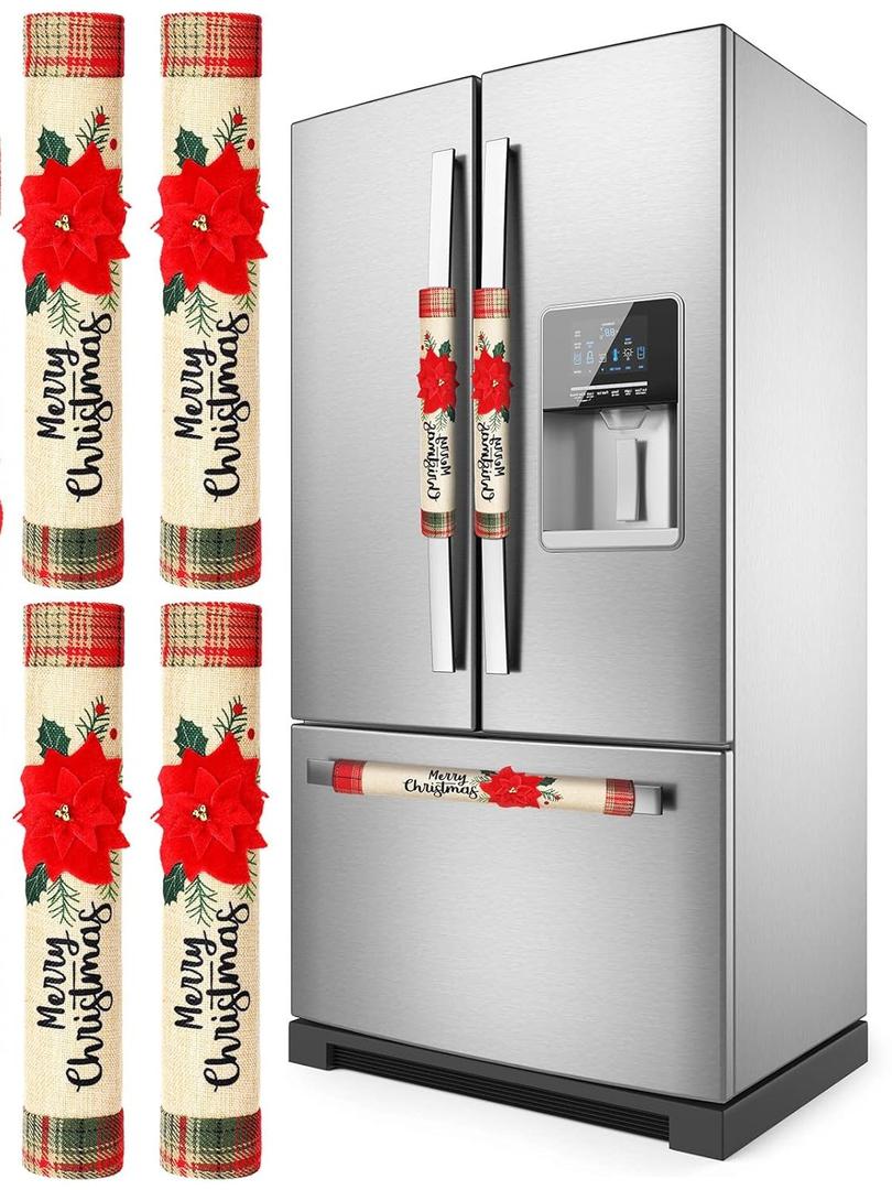 4pcs Christmas Refrigerator Handle Covers Flower Patterned for Microwave Oven and Kitchen Appliances Easy to Install Lovely Holiday Decorations for Home