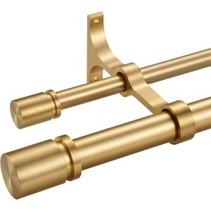 Double Curtain Rod 36 to 72 Inch,1 Inch Heavy Duty Curtain Rods for Windows with Solid Aluminum Cylindrical Finials and Bracket,1 Front and 5/8 Back Telescoping Double Drapery Rod,Warm Gold