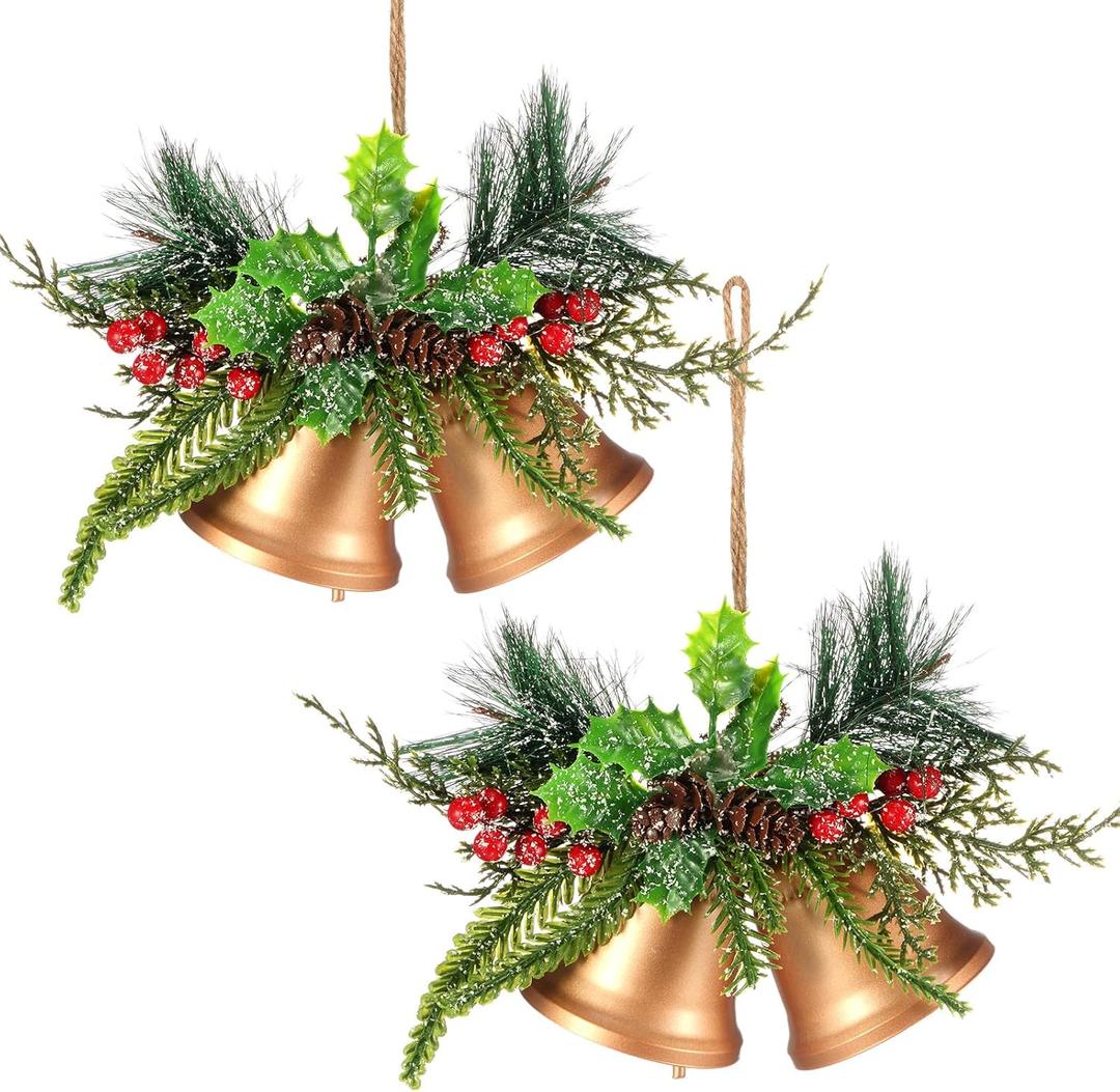 Tioncy Christmas Bell Hanging Ornaments 8.7" Large Rustic Metal Bell Decoration Xmas Hanging Decorative Bell with Red Berry for Christmas Wreath Tree Door Decor(Vintage Gold,2 Pcs)
