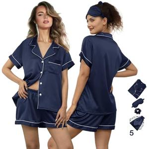 WJing Yi Jia 5Pcs Womens Soft Satin Pajama Set Button-Down Silk Pajamas Floral Sleepwear Bridal Pjs Lounge Pj Sets 3XL, Navy