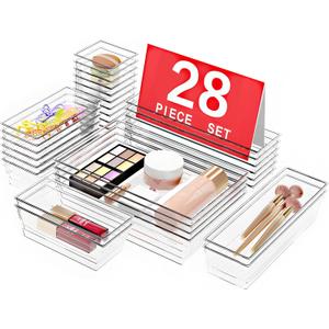 DCA 28 PCS Clear Plastic Drawer Organizers Set, 4-Size Versatile Bathroom and Vanity Drawer Organizer Trays, Storage Bins for Makeup, Bedroom, Kitchen Gadgets Utensils and Office