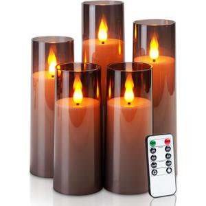 Amagic Grey Flameless Candles with Remote, Flickering Battery Operated Candles with Timer, Acrylic LED Fake Candle for Halloween Home Decor, 3D Wick, D2.2 xH5 5" 6" 7" 8", Set of 5 (Grey & Warm Yellow Light)