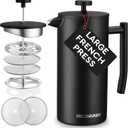 Belwares French Press Coffee Maker 50 OZ - Large Insulated Stainless Steel 304 Coffee Press with Double Wall & 4-Level Filtration System (Black - 1.5L)