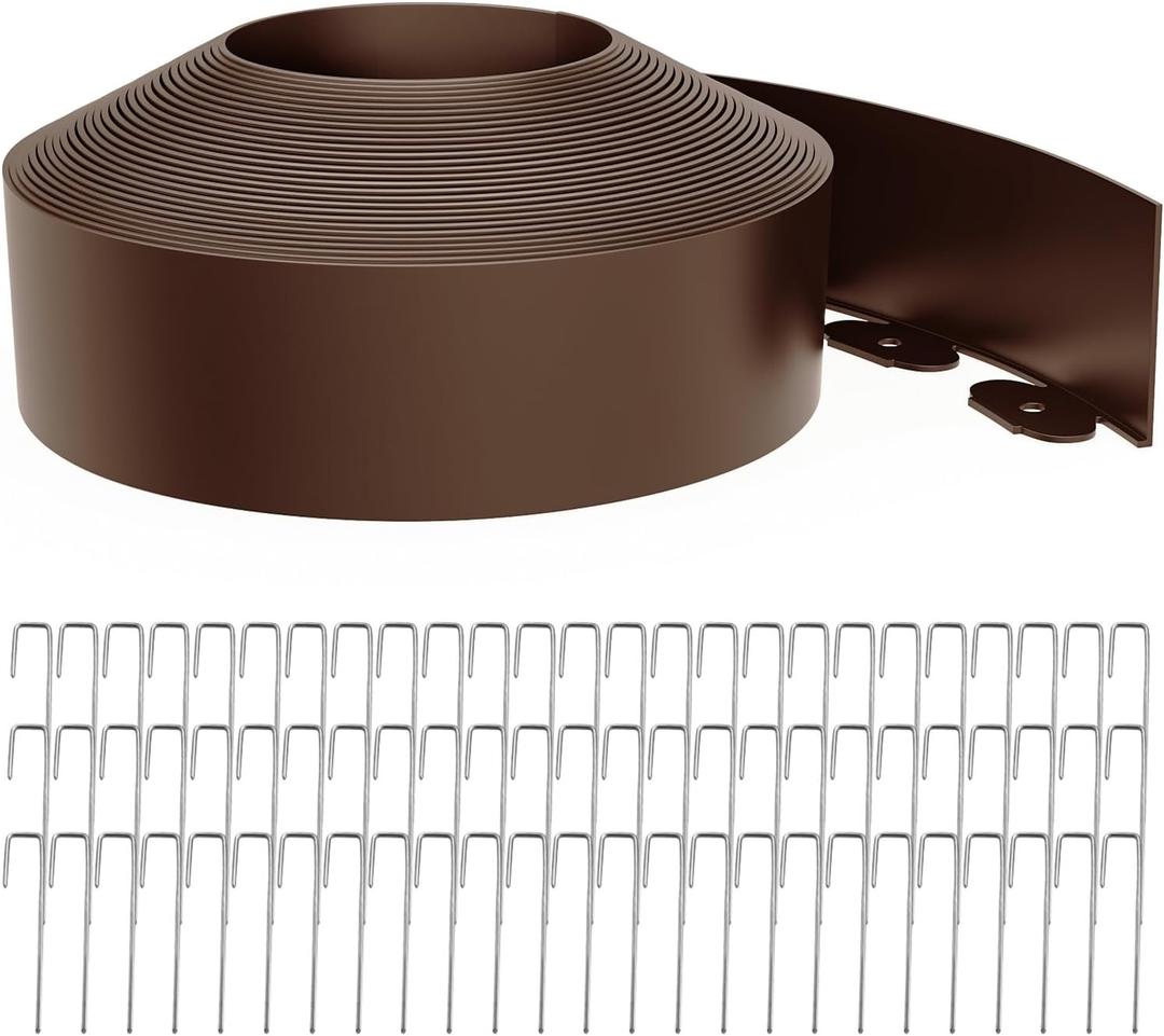 Landscape Edging 4 Inch Tall 60FT with 75Pcs Metal Spikes, Plastic Garden Edging Border Landscape Edging Border Lawn Edging for Landscaping, Flower Bed, Yard(Brown)