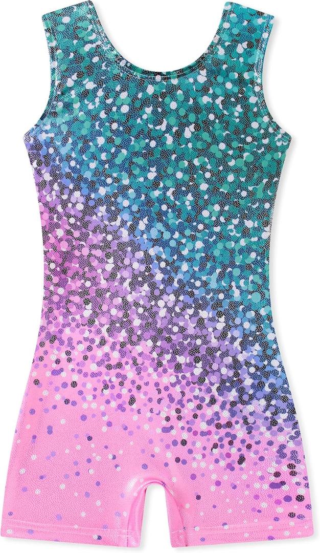 Funnycokid Girls Gymnastics Leotards with Shorts Sparkle Dance Unitards Mermaid Active Biketards 2-10 Years (3-4T, A1 Diamond Green Pink)