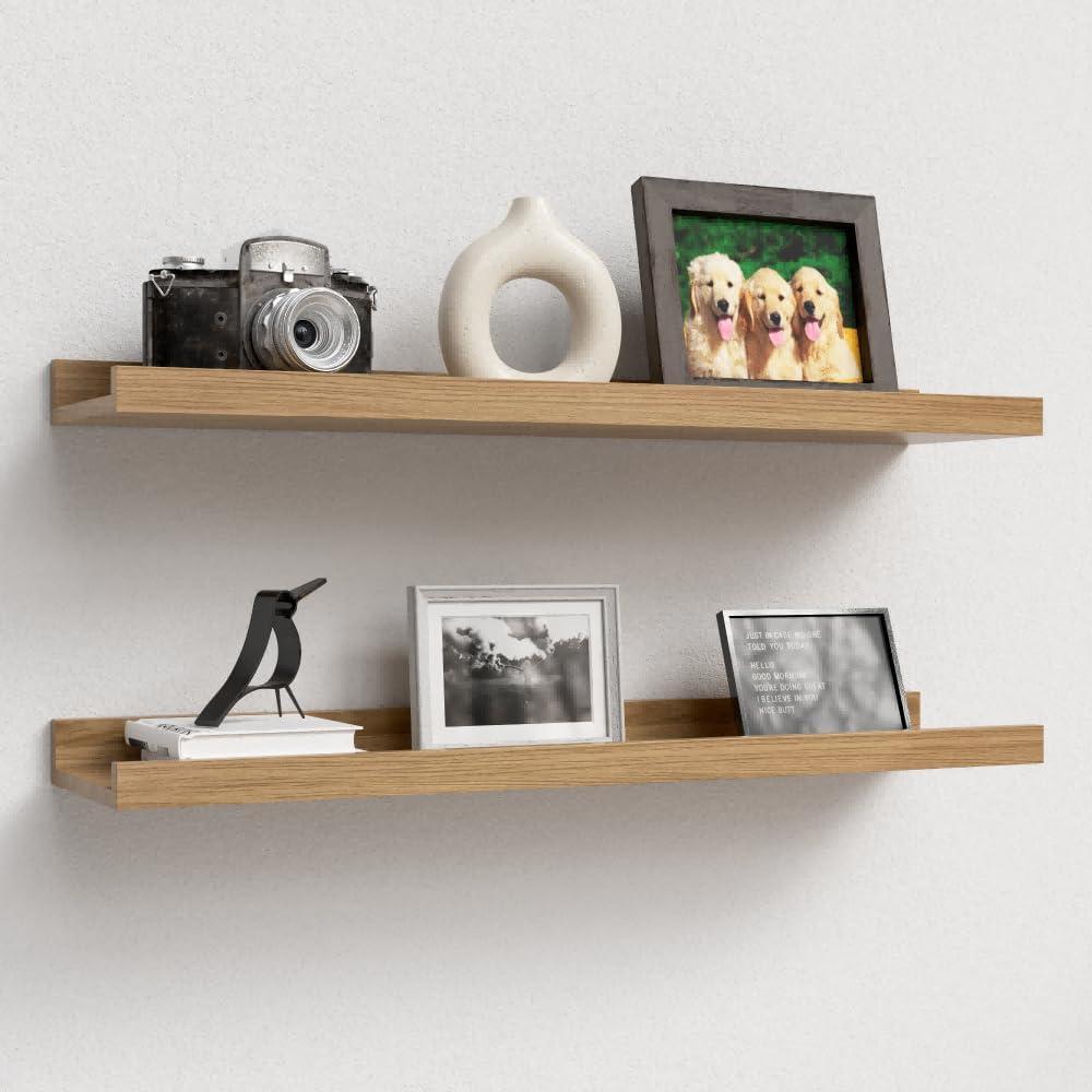 23.6 Inches Long Floating Shelves Wall Mounted, 2 Set Modern Wall Shelf for Bedroom, Nursery Book Shelf with Lip, Picture Ledge Shelf for Wall Decor Living Room Bathroom Kitchen- Oak