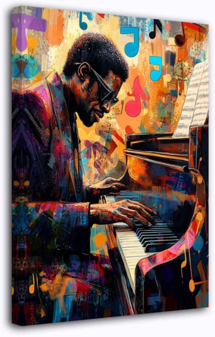 CXHOSTENT Black Jazz Canvas Wall Art Abstract Black Music Painting Prints African American Picture Musical Instruments Artwork for Men Room Decor Framed (Red, 16.00" x 24.00")