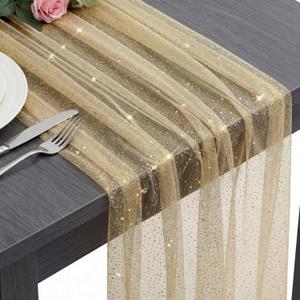 6 Pcs First Communion Decorations Gauze 10 ft Table Runner Glitter Metallic Foil Sheer Tulle Chiffon Cheesecloth Sequin Table Runner for Wedding Party Anniversary Birthday (Gold)