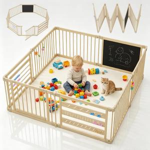 64x64in Foldable Wooden Baby Playpen with Gate, Child Safety Lock, CPC Certified Play Yard with Suction Cups, Chalkboard & Activity Toys, Expandable Toddlers Playpens Great Gifts for Babies
