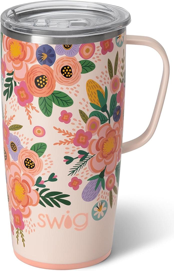 Swig Life 22oz Travel Mug, Insulated Tumbler with Handle and Lid, Cup Holder Friendly, Dishwasher Safe, Lightweight Stainless Steel Floral Mug, Flower Tumbler, Mothers Day Gifts for Mom (Full Bloom)