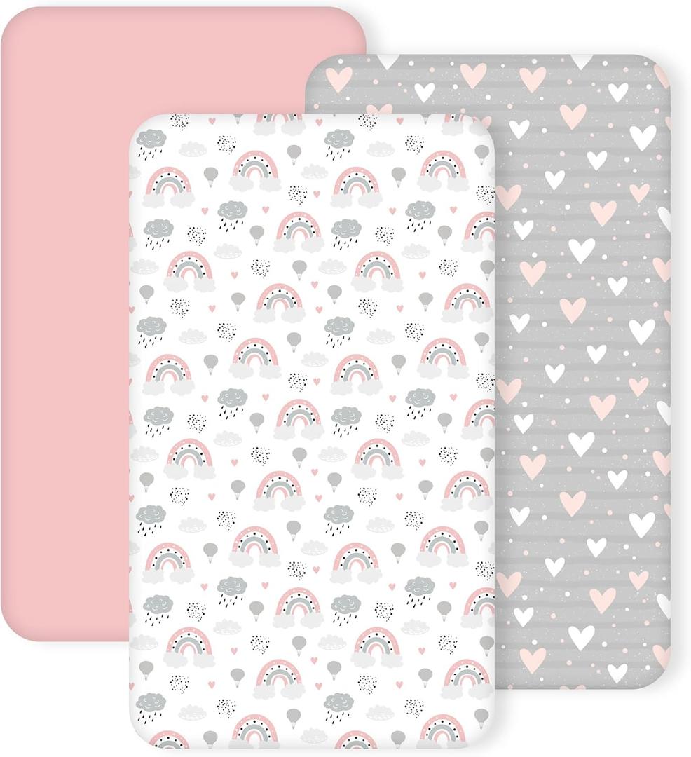 3 Pack Crib Sheets for Girls  Fitted Crib Sheets for Standard Crib Mattress and Toddler Mattress, Ultra Soft Breathable Washable Polyester, 28x52inch, Pink & Grey Heart