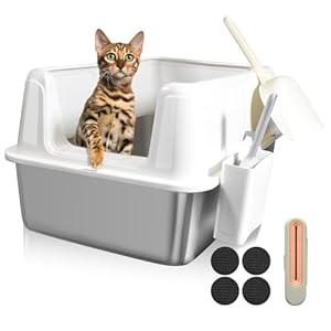 Stainless Steel Litter Box with Lid, 24" XL Extra Large High-Sided Metal Cat Litter Box for Multiple Cats, Anti-Leakage & Non-Stick, Easy to Clean, Includes 2 Scoops&Deodorizer Box, White