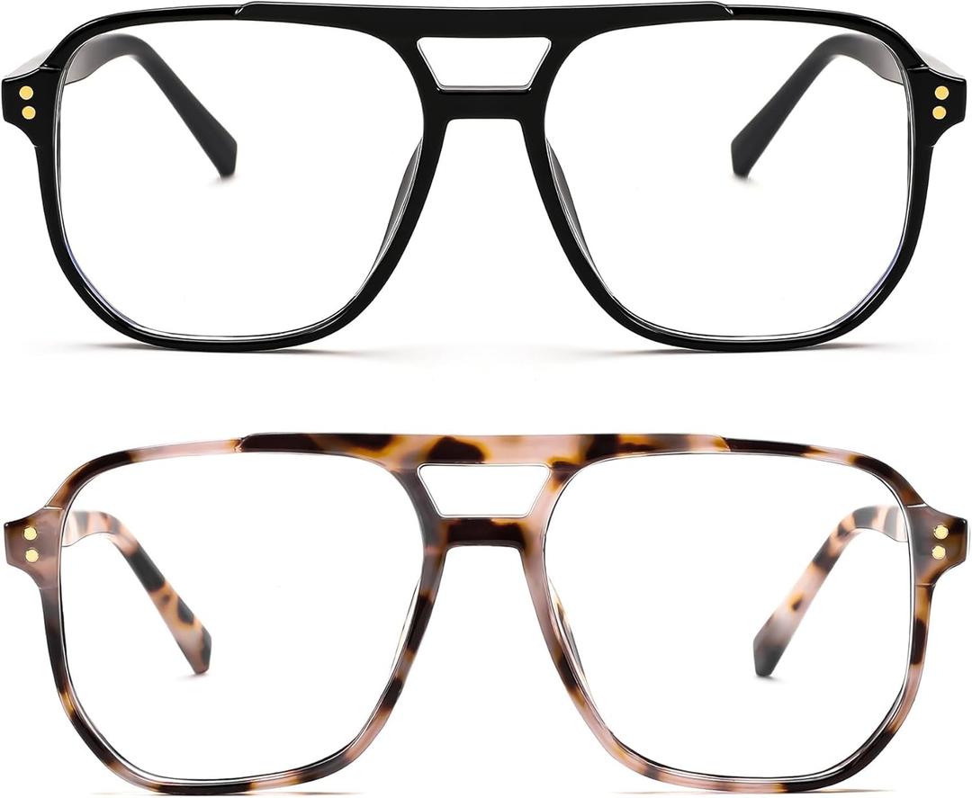 FEISEDY 2Pack Blue Light Blocking Glasses Fake Nerd Clear Square Computer Lightweight Pilot Glasses Frame Oversized B2866 (2pack Black+cow Leopard)