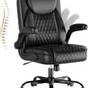 GTPLAYER Leather Office Chair, Home Desk Chair with Flip-up Arms and Ergonomic Back - Comfy Heavy Duty Executive Chair for Home Office Gaming, Black, 24.4 inches x 19 inches x 41.1 inches