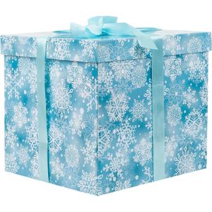 Jaywayang 10" Large Christmas Gift Box with Lid and Ribbon, Blue Snowflake Gift Box with Paper Filler for Holiday Xmas Presents Wrapping.