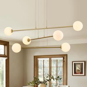 Mid Century Sputnik Chandelier 6-Light Gold Sputnik Chandeliers Milk Glass Sputnik Chandeliers Modern Pendant Light Fixture for Dining Room Kitchen Island Living Room, Long 6 Light