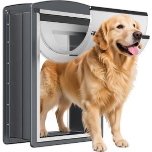 FreeStanding Dog Door for Wall, Steel Frame Large Dog Door with Telescoping Tunnel, Double Magnetic Flaps and Two Sliding Lock Panels, Easy to Install, Up to 100LBS, Gray, L