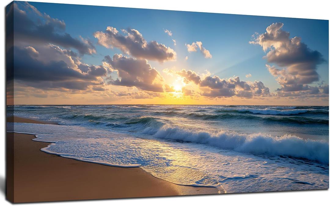 SSNEEKNDG Ocean Wall Art Sunset Beach Seascape Blue Coastal Canvas 20x40 In