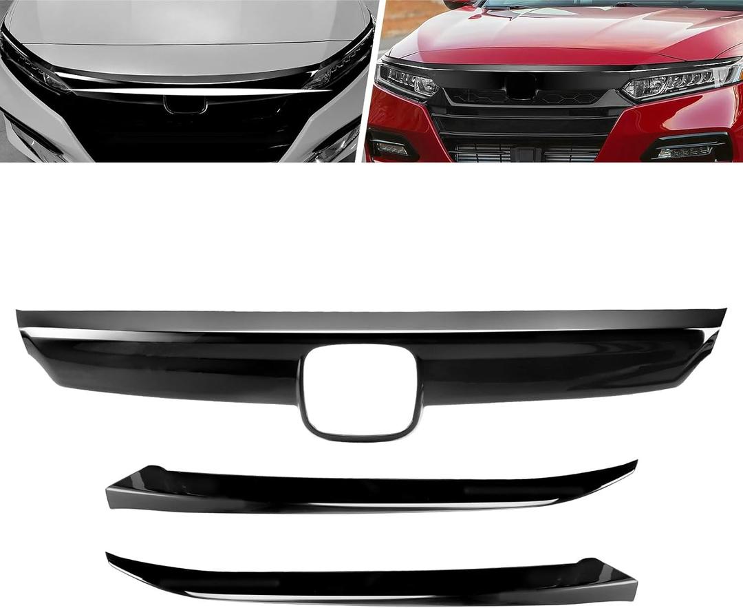 MotorFansClub Front Grille Cover Molding Trim Fit for Honda Accord 2018 2019 2020 ABS Front Bumper Grill Trim, 3PCS Glossy Black