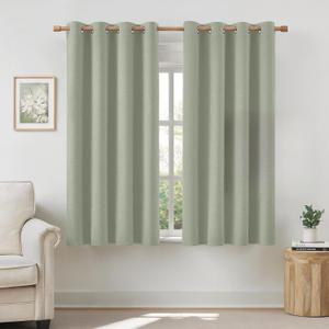 HOMEIDEAS 100% Sage Green Linen Blackout Curtains for Bedroom, 52 x 63 Inch Length 2 Panels Faux Linen Thermal Insulated Black Out Grommet Window Drapes for Living Room