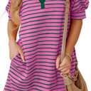 BLENCOT Women's Casual Polo V Neck T Shirt Striped Dress Summer Puff Short Sleeve MIdi Dresses (Pink, L)
