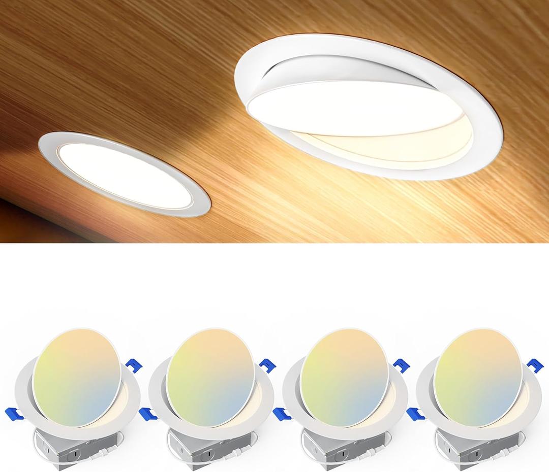 Ensenior 4 Pack 6 inch 5CCT LED Eyeball Recessed Lighting, 360+90 Rotatable, Dimmable Gimbal Recessed Lights, CRI90+, Canless Angled Adjustable Ceiling Downlight, 1300LM, 12W=115W, 120V - ETL&FCC