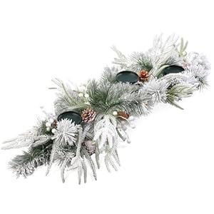 Christmas Candle Holder with Candle Trays, Pine Needles, Cones, Strings of Red Cherry & Snowy Leaves, 28" Artificial Decor for Table Centerpiece, Entrance and Fireplace