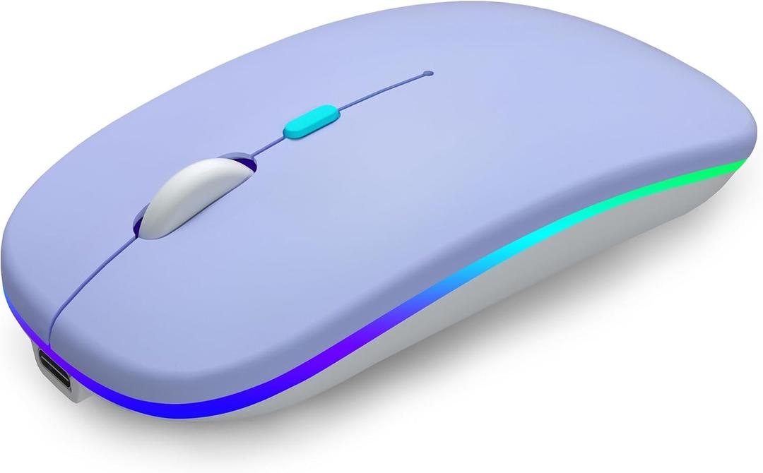 AIKOKOK Wireless Bluetooth Mouse, Rechargeable, Dual Mode Bluetooth 5.2 & 2.4G USB, LED Lights, Slim, Silent, Portable Computer Mouse for Laptop, PC, MacBook, iPad, Tablet (Purple)
