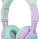 Riwbox Kids Wireless Headphones, CT-7S Cat Ear Bluetooth, 85dB Volume Limiting, LED Light Up Over Ear with Microphone for Laptop/PC/TV (Purple&Green)