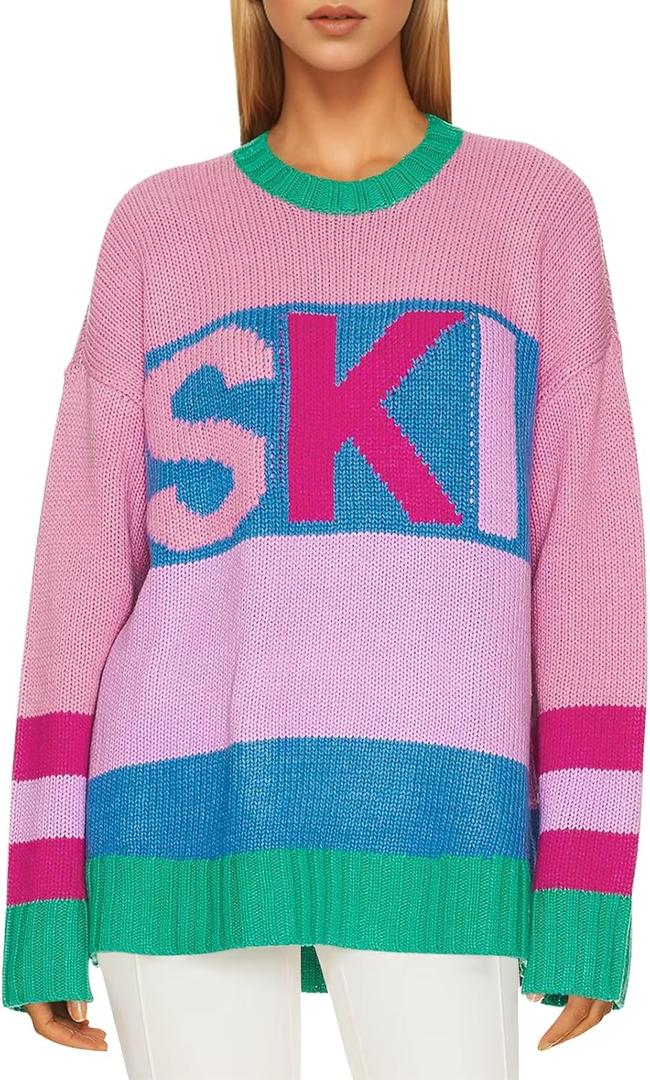 Saodimallsu Womens Color Block Oversized Sweater Ski Print Fall Trendy Crew Neck Long Sleeve Pullover Sweaters Knit Tops, Pink, Large