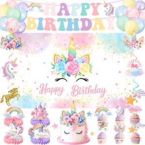 Unicorn Birthday Decorations  Includes Banner, Backdrop, Balloons, Hanging Swirls, Cake & Cupcake Toppers, Honeycomb Centerpieces for Girls & 1st Birthday Unicorn Theme (Pink, Purple, Blue)
