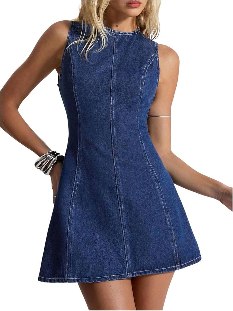 WDIRARA Women's A Line Mini Denim Dress Y2k Flared Hign Waist Short Dresses, XS