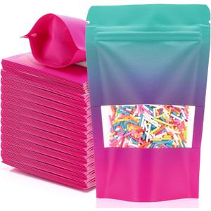 150 Pcs Resealable Bags 3. 5" x 5. 5" Gradient Color Food Storage Bags Stand up Kraft Pouches with Clear Window Treat Paper Pouches for Selling Small Business Snacks Sample,(Green/Pink)