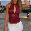 Women Lace Tank Tops Y2K Halter Neck Keyhole Top Sheer Mesh Cutout Crop Camisole Floral Lace Summer Going Out (Red, S)