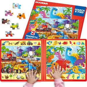 QUOKKA Magnetic Puzzles for Toddlers 3-5  Search & Find 2 Pack, 60 Pieces Each  Travel Friendly Board with Hidden Objects, Construction and Dinosaur Scenes  Educational Puzzle Gift for 3 Year Olds