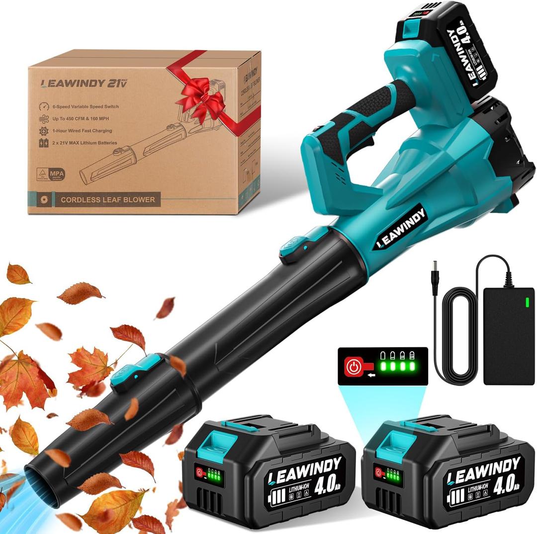 6 Speed Levels Electric Leaf Blower Cordless, 900000RPM Cordless Leaf Blower with 2 X 4.0Ah Batteries and Charger, Leaf Blowers 21V, Battery Lawn Blower for Patio Cleaning, Lawn Care, Blowing Leaves